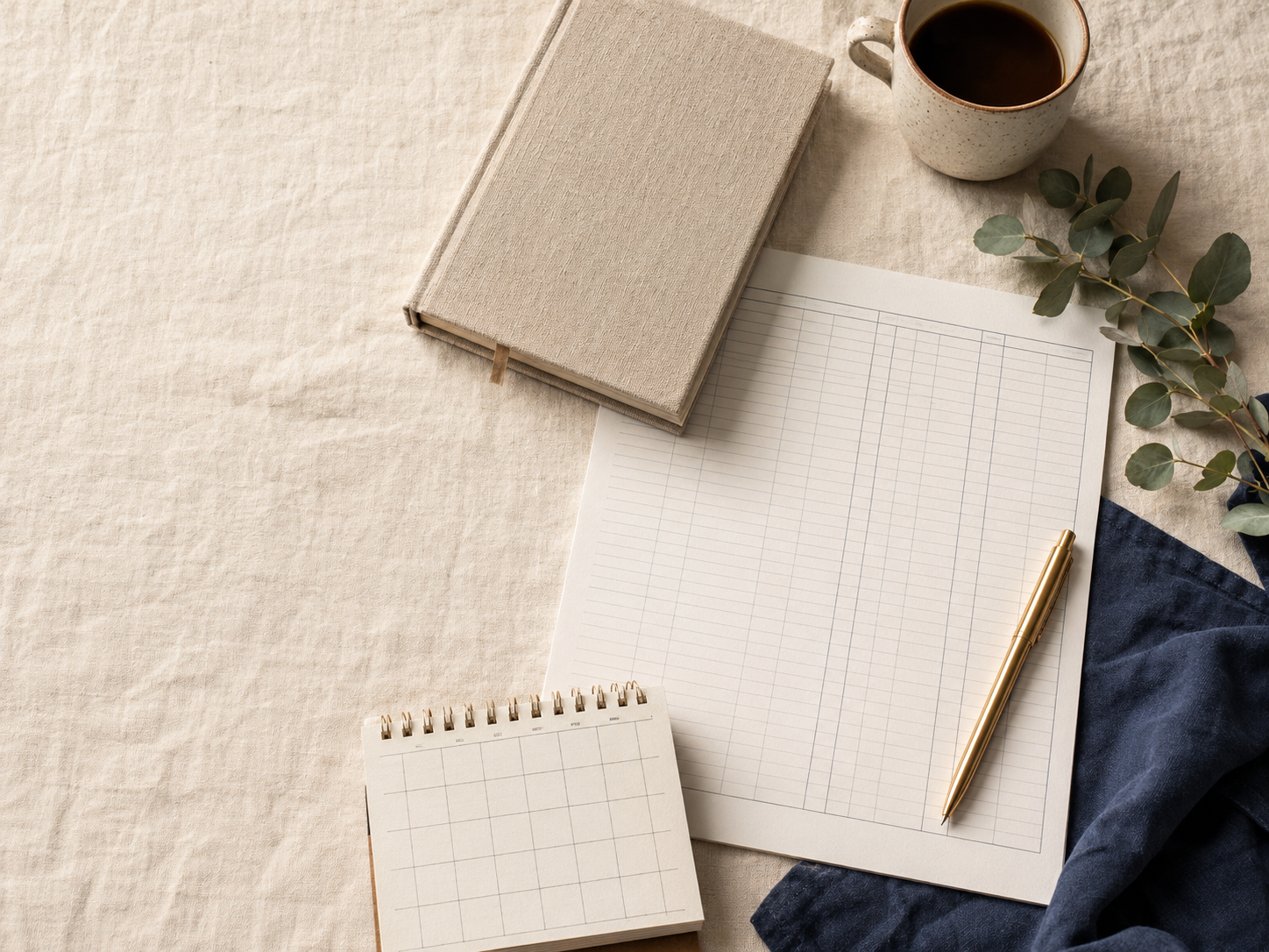 Notebook, ledger, coffee, and planning tools on a warm cream desk